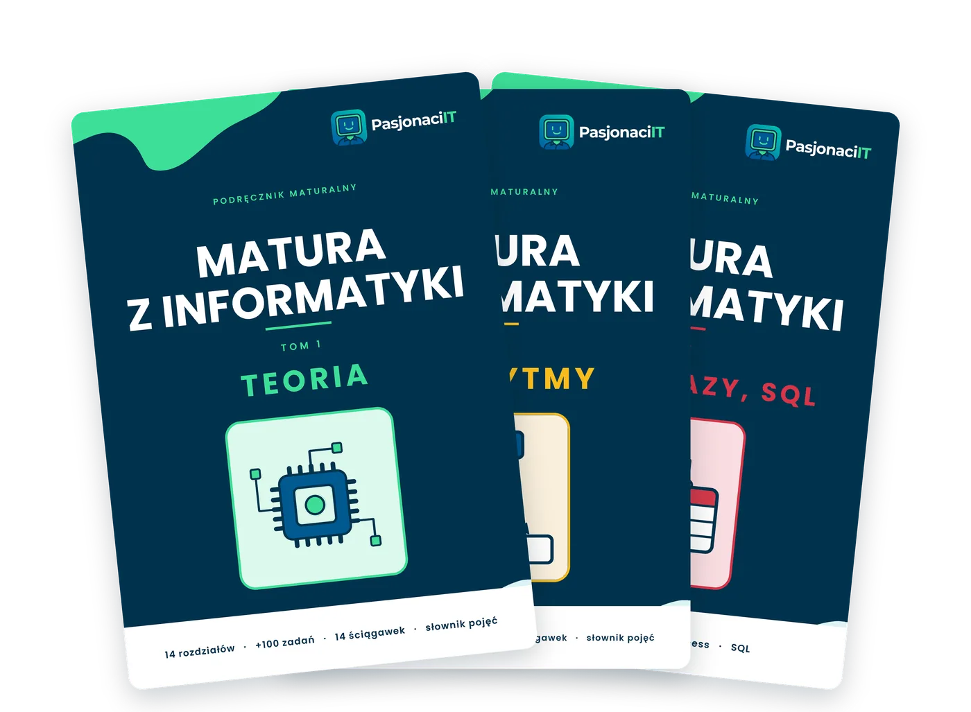 Trzy tomy podręcznika maturalnego z&nbsp;informatyki ułożone w&nbsp;wachlarz
